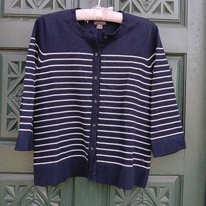 Eddie Bauer Navy Blue and White Striped Button Cardigan